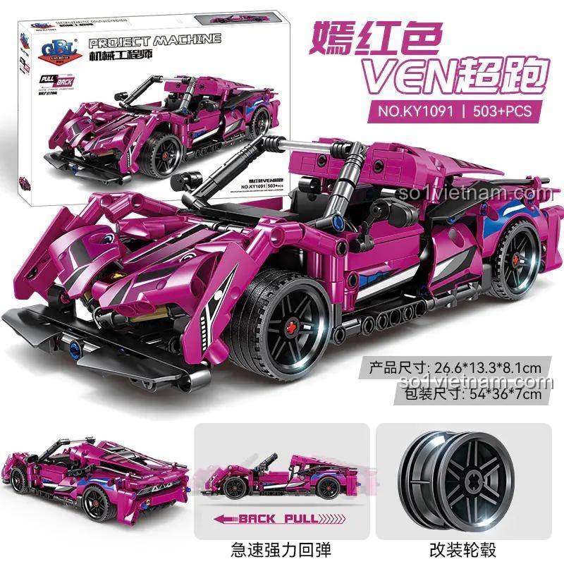 Ảnh tổng hợp các tính năng nổi bật của đồ chơi mô hình Siêu xe thể thao màu đỏ tươi GBL KY1091, bao gồm kích thước sản phẩm, kích thước hộp và động cơ kéo lùi.