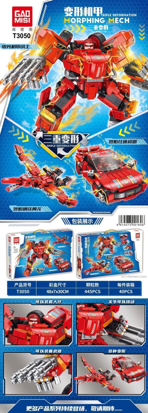 Bộ đồ chơi GAO MISI T3050 Biến Hình Cơ Giáp: Chiến Binh Hỏa Ngục dạng Xe đua, 445 chi tiết, màu đỏ rực, phù hợp cho bé trai 6 tuổi