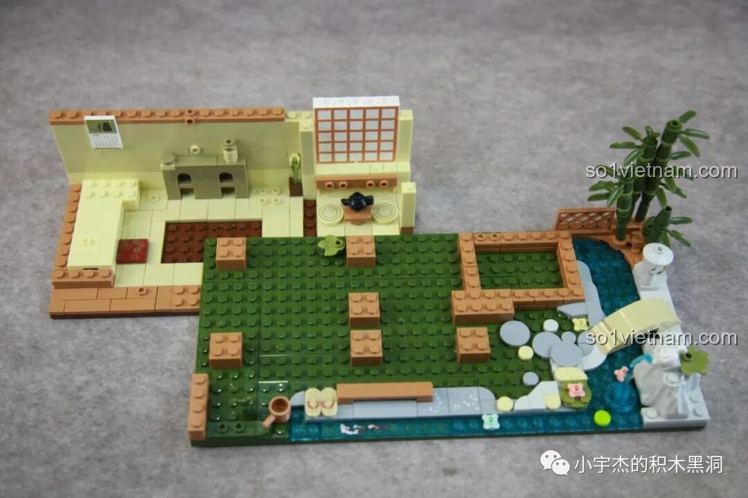 Góc nhìn từ trên cao xuống tầng trệt và sân vườn của mô hình inbrixx 880018 Ngôi Nhà Nhật Bản Kumamon.