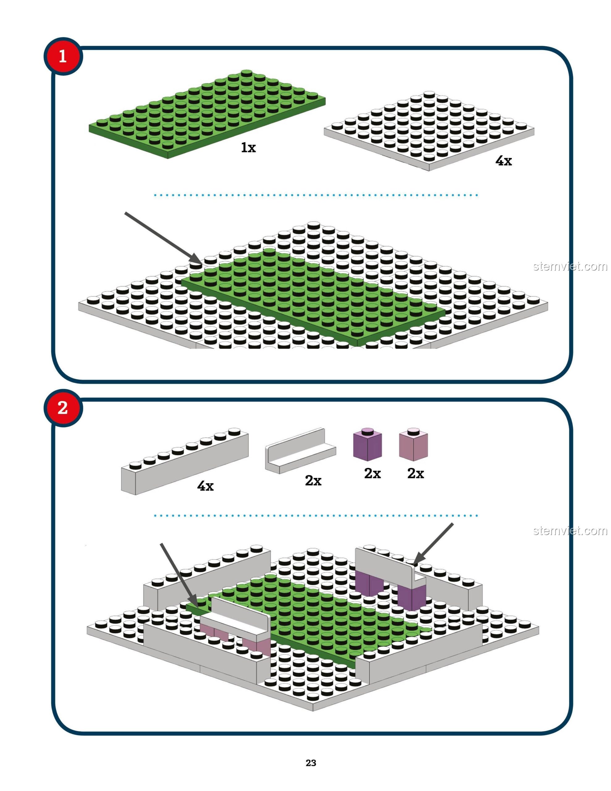 Các bước lắp ráp trực quan, dễ hiểu trong sách hướng dẫn lắp ráp kỳ quan 9781943328833, phù hợp cho trẻ em.