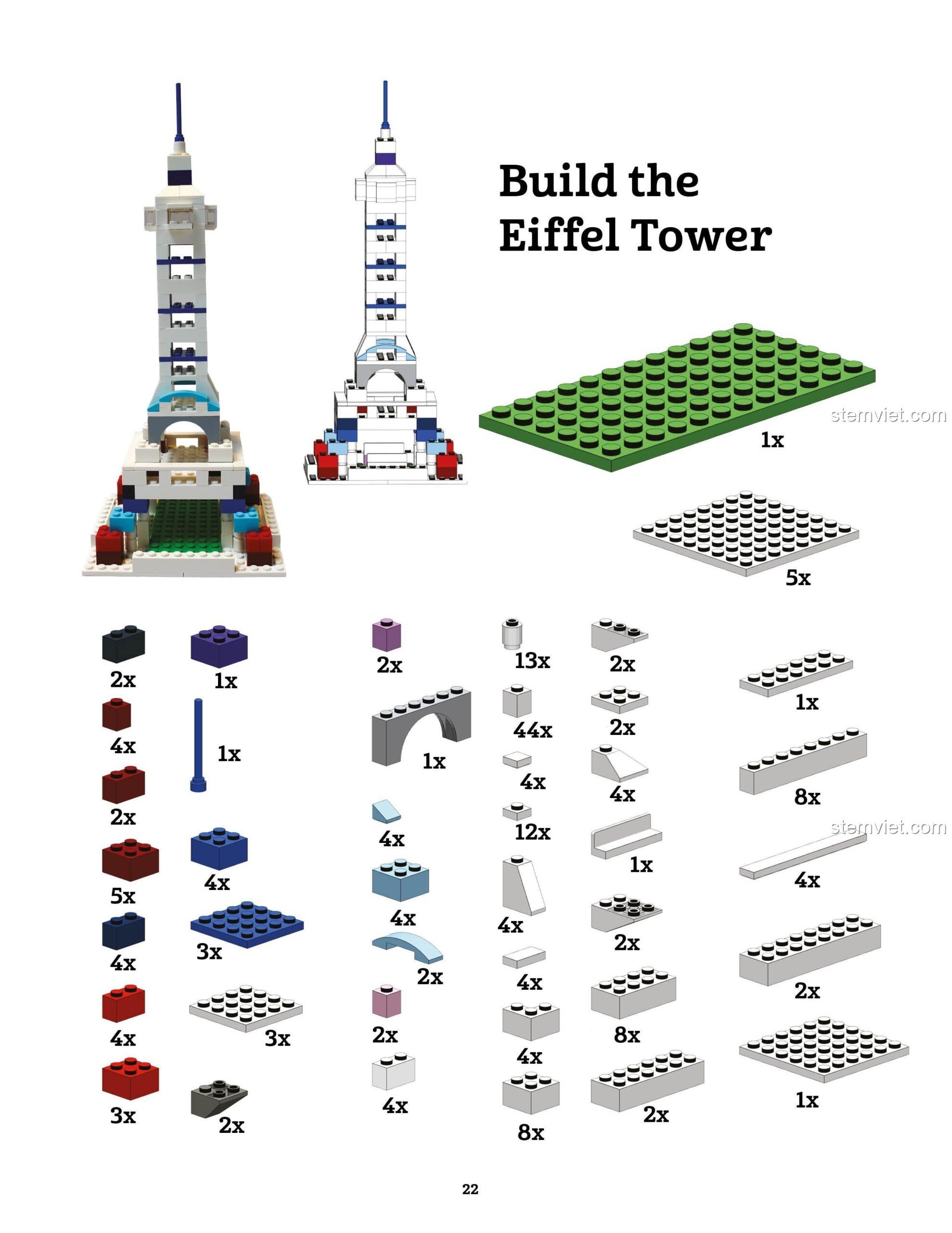 Trang hướng dẫn chi tiết các mảnh ghép cần thiết để lắp ráp Tháp Eiffel từ sách sáng tạo ISBN9781943328833.