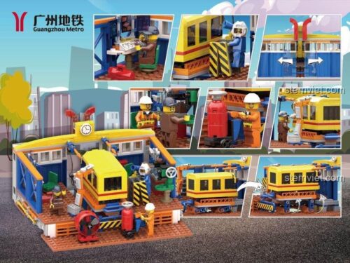Mô hình đồ chơi lắp ráp Guangzhou Metro TME20205 Kho Bảo Trì Tàu Điện Ngầm với các minifigure và chi tiết xe bảo trì, giúp bé trai 6 tuổi phát triển tư duy