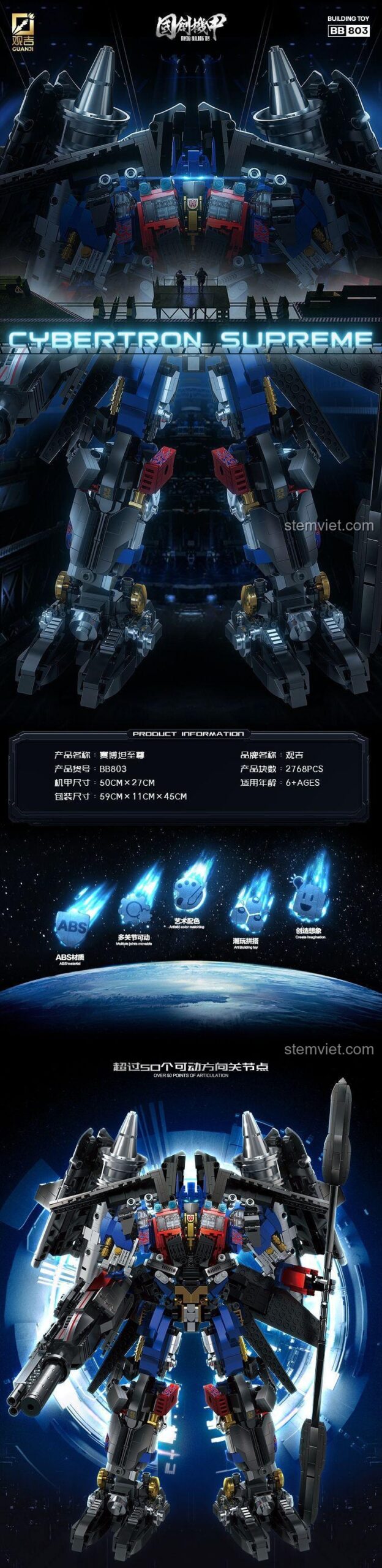 Poster chi tiết bộ lắp ghép Guanji BB803, mô tả kích thước và tính năng của mô hình Optimus Prime.