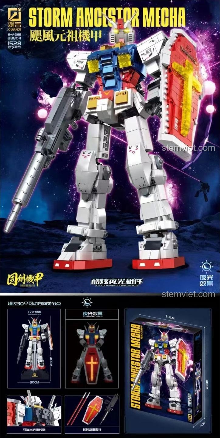 Robot Gundam Storm Angestor Guanji BB804 với hơn 30 khớp cử động và đèn LED, kích thước 30x40cm, phù hợp bé trai 6 tuổi.