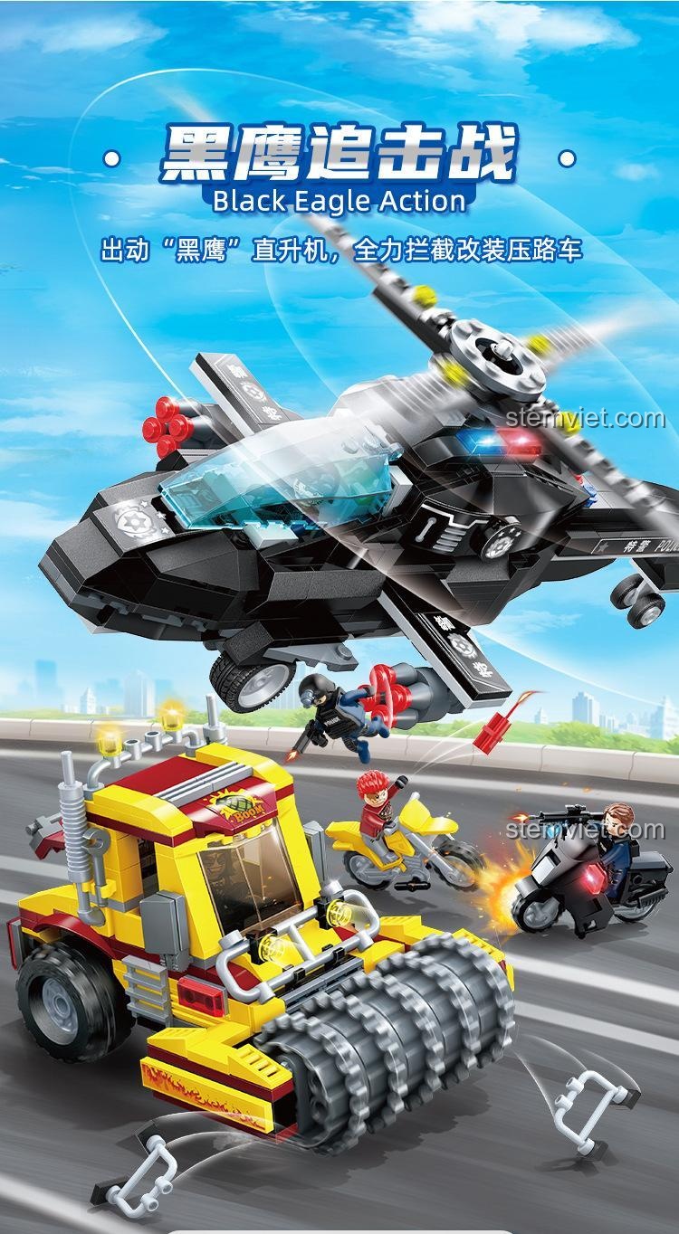 Mô hình trực thăng và xe cảnh sát trong Bộ Lắp Ghép GUDI 10205 - Black Eagle Action