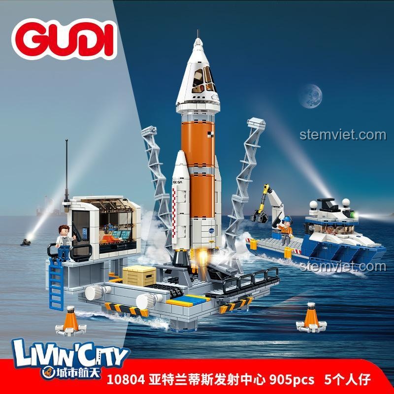Ảnh quảng cáo đồ chơi mô hình Bệ phóng tàu vũ trụ GUDI 10804 với 5 minifigures, giá rẻ.
