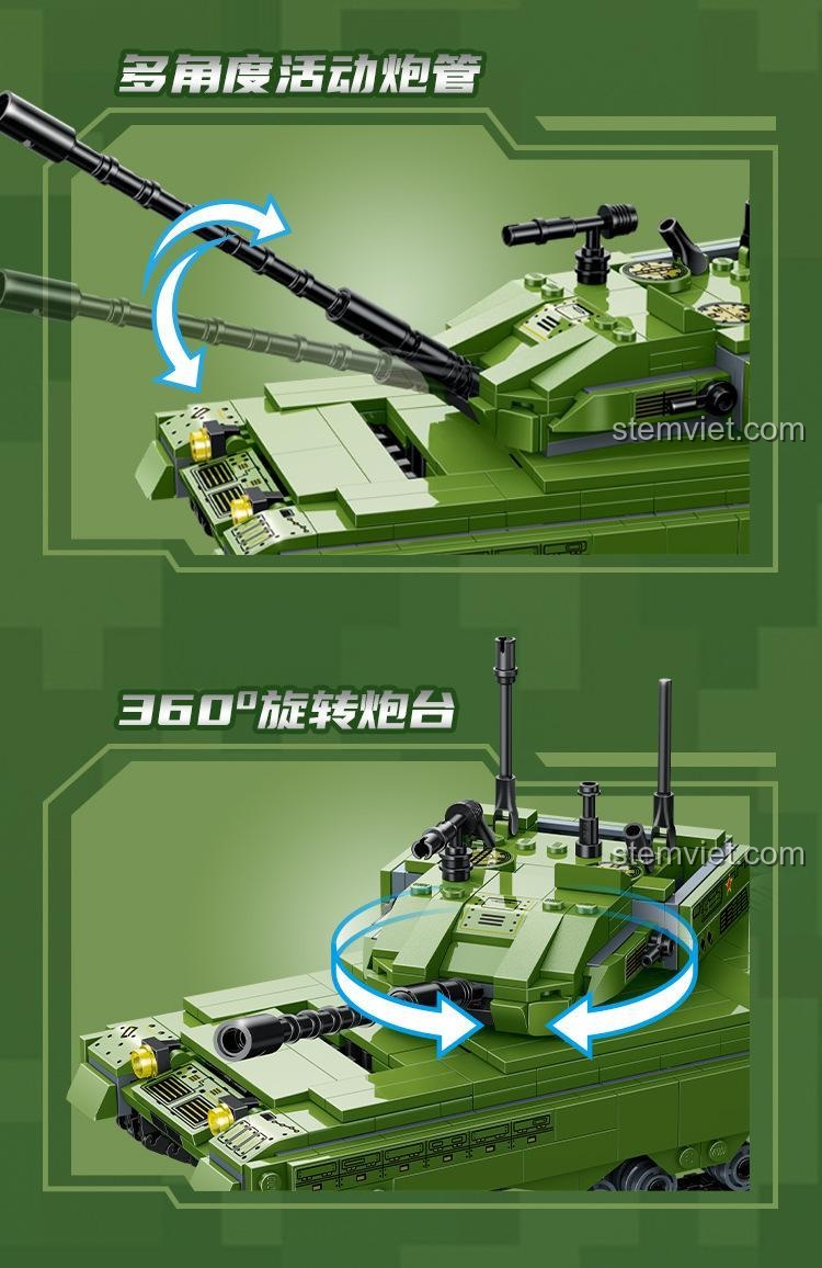 Mô hình GUDI 20401 Xe tăng Kiểu 99 có tháp pháo xoay 360 độ và nòng pháo nâng hạ được.