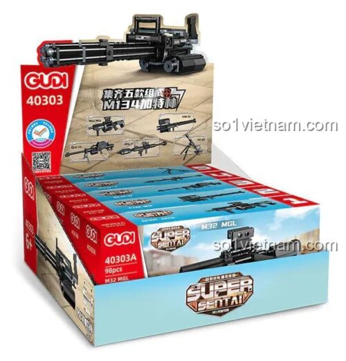 Hộp trưng bày của đồ chơi mô hình GUDI 40303, bộ sưu tập 5 súng nhỏ kết hợp thành Súng Minigun M134.