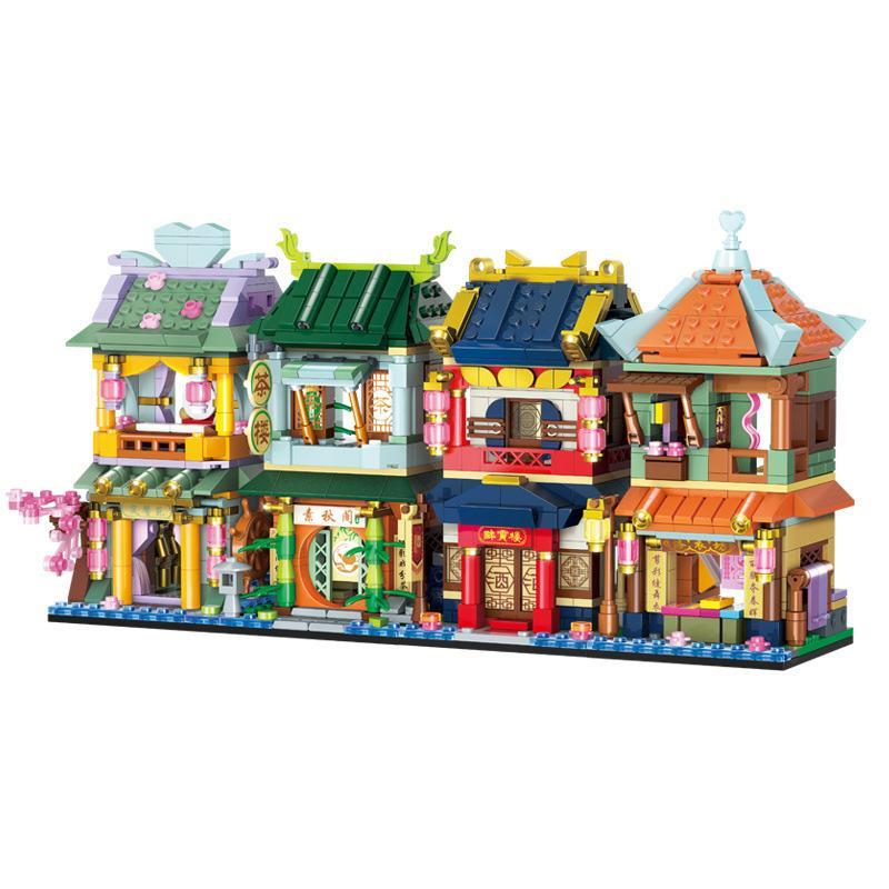 Mô hình lắp ráp GUDI 51009 Phố cổ Trung Hoa hoàn chỉnh, đồ chơi mô hình Tiệm nhạc cổ, quán trà cổ, lầu rượu cổ, tiệm lụa cổ chi tiết tinh xảo.