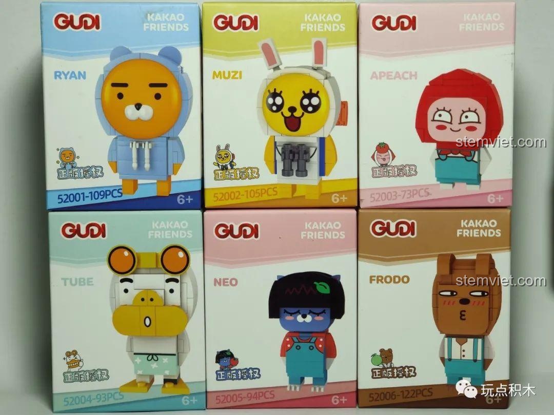 Hộp sản phẩm bộ xếp hình GUDI 52001 Sư tử Ryan và 5 mẫu khác trong series Kakao Friends.