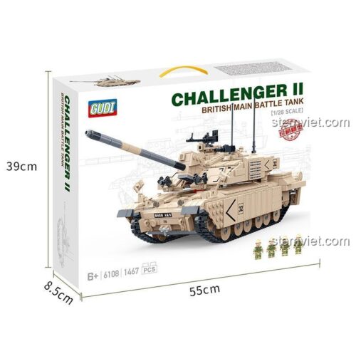 Hộp đồ chơi lắp ráp Xe Tăng Chủ Lực Challenger II GUDI 6108, hiển thị kích thước 55x39x8.5cm, 1467 mảnh ghép, cho bé trai 6 tuổi.