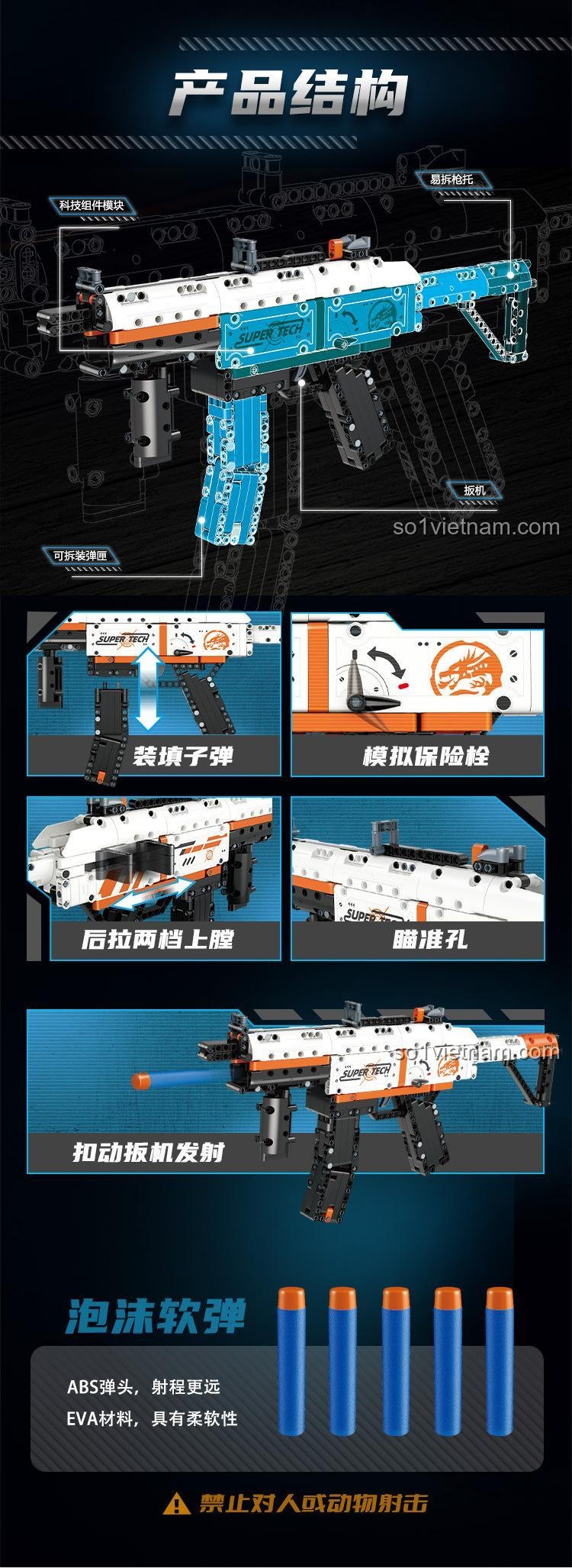 Cấu tạo Súng tiểu liên MP5 GUDI 70003, mô hình súng MP5 với cơ chế nạp đạn và khóa an toàn, chất lượng tốt.