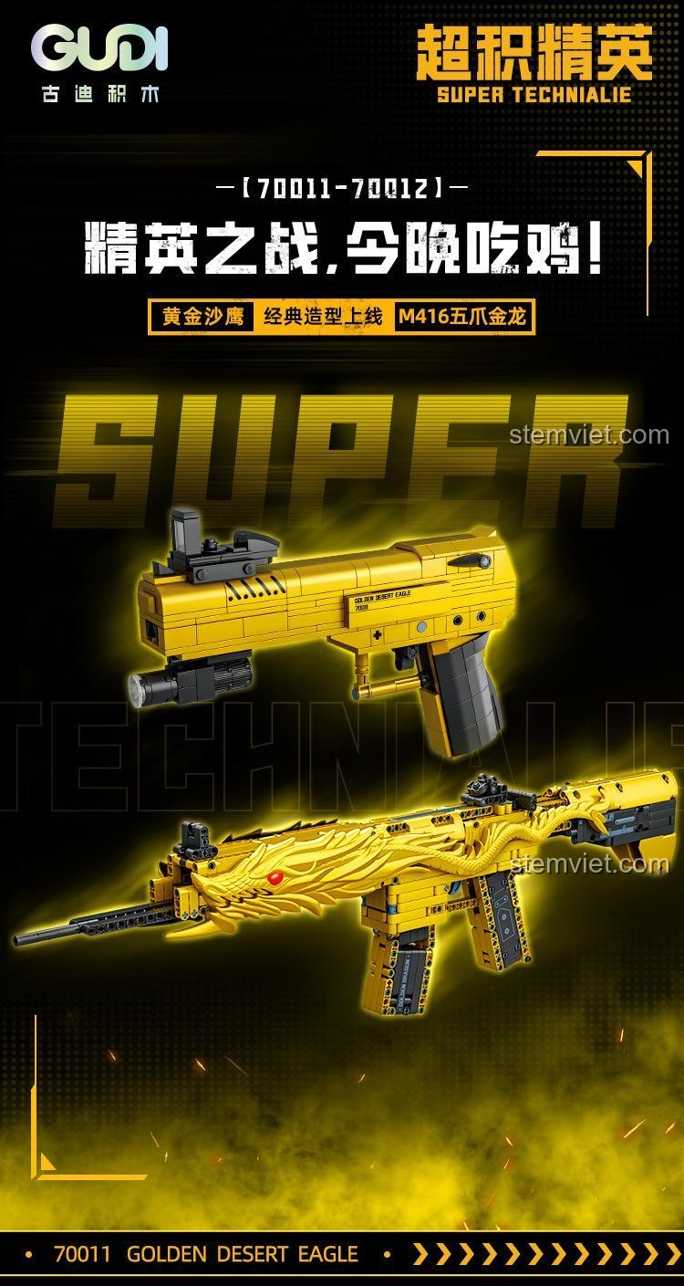 Poster quảng cáo bộ lắp ráp GUDI 70011 Súng lục PUBG và M416, món đồ chơi mô hình GUDI hấp dẫn cho các fan game.