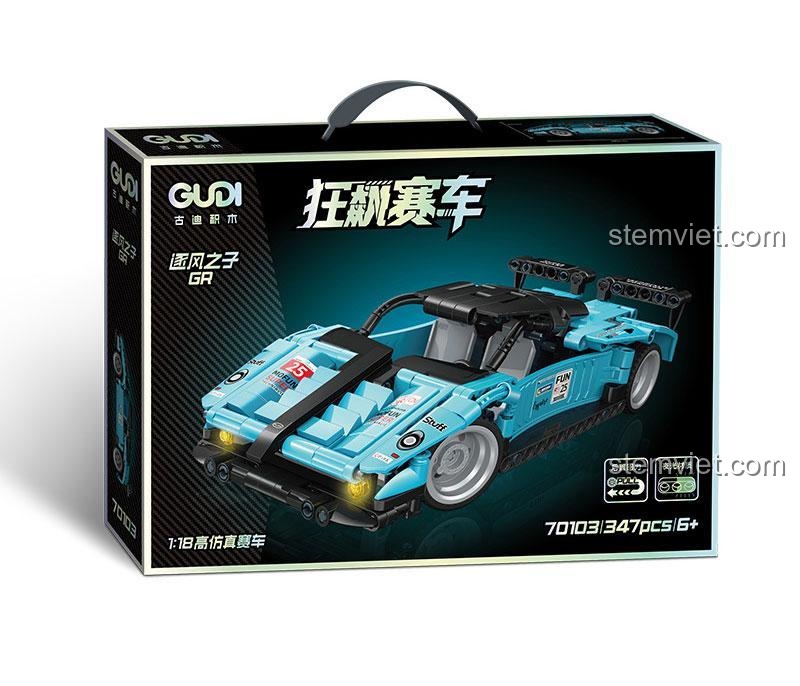 Hộp sản phẩm bộ đồ chơi GUDI 70103 Siêu xe đua Kẻ Đuổi Gió GR, hiển thị số chi tiết 347 mảnh, độ tuổi 6+, giá tiết kiệm.