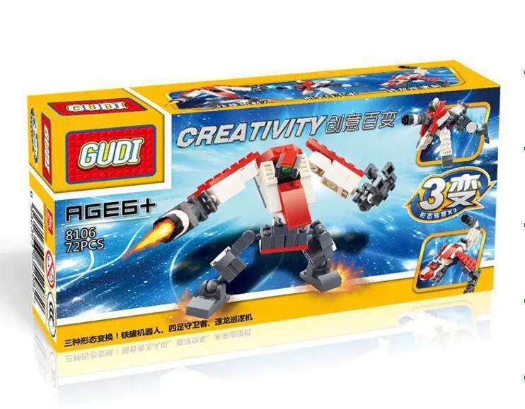 Bộ đồ chơi GUDI 8106 Robot Sắt, Người Bảo Vệ Bốn Chân, Máy Tuần Tra Tốc Long cho bé 6 tuổi, 72 chi tiết, biến hình 3 kiểu, sáng tạo không giới hạn