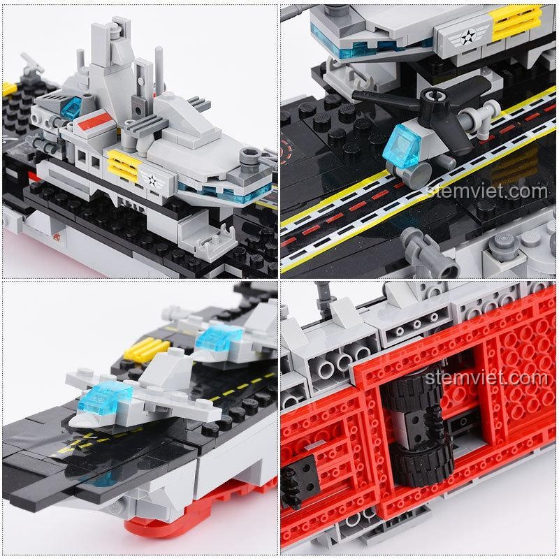 Cận cảnh chi tiết bộ lắp ráp GUDI 8709, thể hiện các khối lắp ghép chắc chắn và thiết kế tỉ mỉ của tàu sân bay hạt nhân.