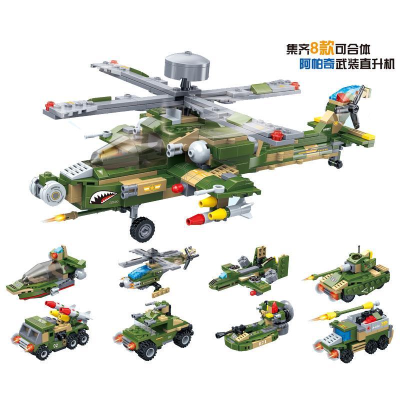 Bộ lắp ghép Trực thăng Vũ Trang Apache GUDI 8710 cho bé trai 6 tuổi, đồ chơi lắp ráp Robot biến hình giá tốt, mô hình quân sự đa năng.