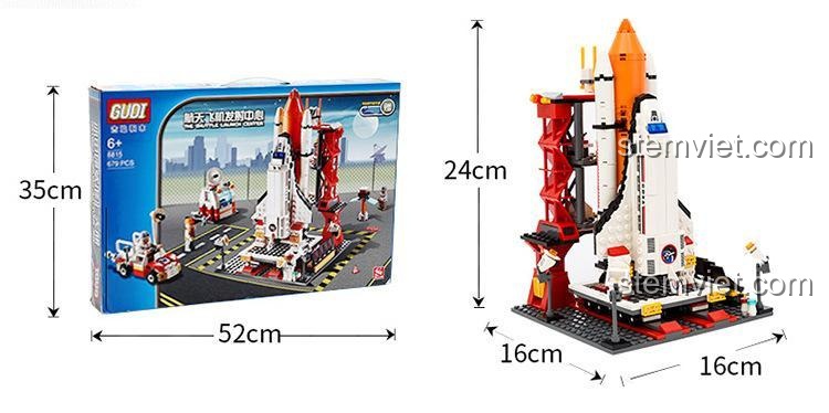 Bộ lắp ghép Trung tâm Phóng Tàu Con Thoi GUDI 8815, đồ chơi mô hình Tàu Con Thoi Vũ Trụ, hiển thị kích thước hộp và mô hình, giúp mẹ dễ dàng lựa chọn.