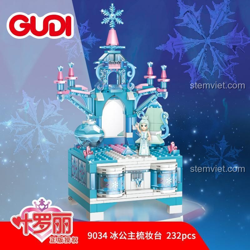 Mô hình hoàn thiện của bộ đồ chơi GUDI 9034 Bàn trang điểm băng giá, với minifigure Băng Công Chúa.