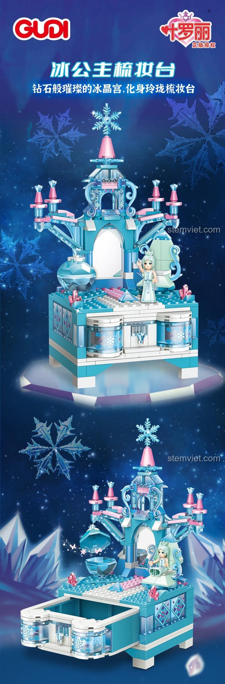 Poster quảng cáo bộ lắp ghép Lâu đài băng mini 9034, thể hiện các chi tiết lấp lánh và ngăn kéo tiện dụng.