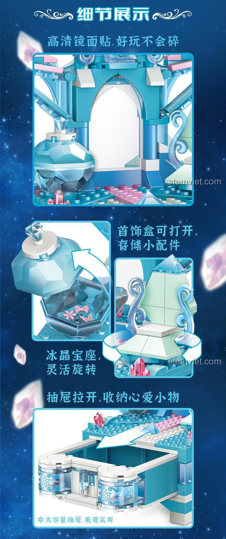 Các tính năng đặc biệt của bộ đồ chơi xếp hình Hộp trang sức băng tuyết GUDI 9034: gương, hộp trang sức mở được và ngăn kéo.