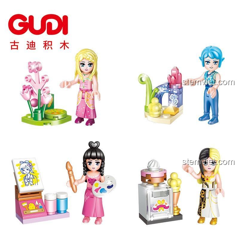 Set đồ chơi GUDI 9053 gồm 4 nhân vật hoạt hình Diệp La Lệ: Linh Công Chúa, Thủy Vương Tử, Vương Mặc và Bạch Quang Oánh.