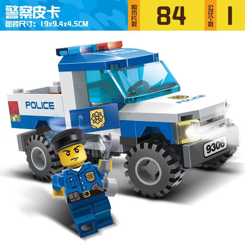 Bộ lắp ghép Xe bán tải cảnh sát GUDI 9306 giá rẻ cho bé trai 6 tuổi, gồm 84 chi tiết và 1 minifigure sĩ quan cảnh sát.