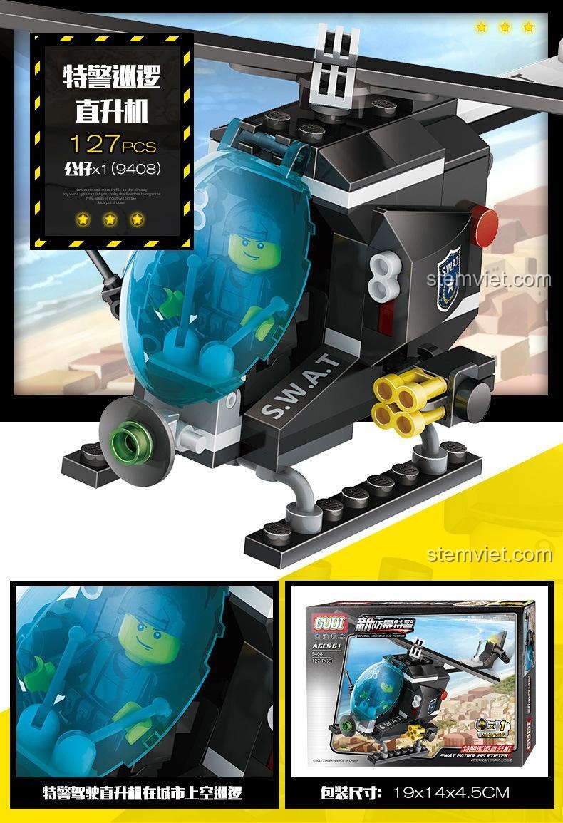 Mô hình Trực thăng đặc nhiệm GUDI 9408, đồ chơi mô hình cảnh sát 127 mảnh, kích thước hộp 19x14x4.5cm