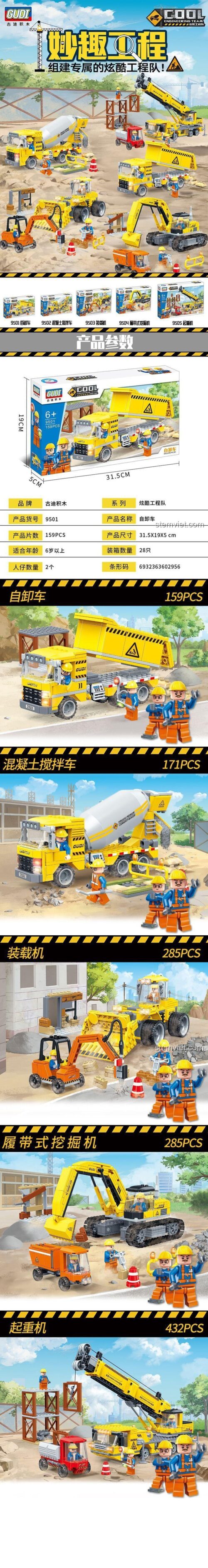 Bộ 5 Mẫu Xe Công Trình Kỹ Thuật GUDI 9505 - Xe xúc lật