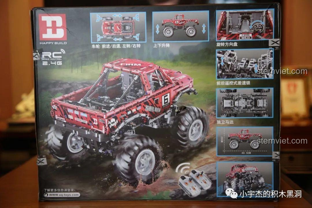 Mặt sau hộp bộ lắp ráp Happy Build XQ1212D Xe Big Foot hiển thị chi tiết các chức năng và cơ cấu chuyển động của xe.