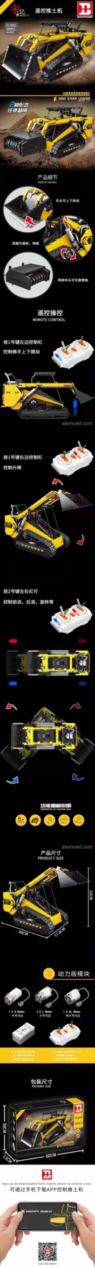 Infographic mô tả các tính năng và kích thước của bộ xếp hình ShineYU 22007, bao gồm điều khiển từ xa và qua app.