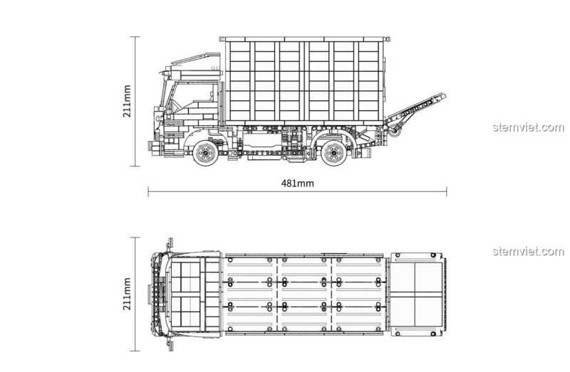 Kích thước chi tiết mô hình xe tải Happy Build YC-22010, đồ chơi lắp ráp xe tải hạng trung có cầu nâng, cho bé trai 8 tuổi