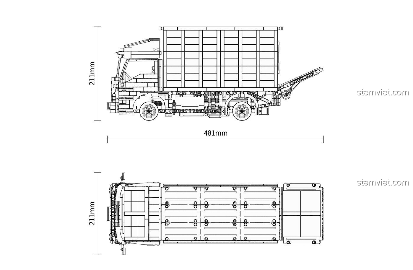 Kích thước chi tiết mô hình xe tải Happy Build YC-22010, đồ chơi lắp ráp xe tải hạng trung có cầu nâng, cho bé trai 8 tuổi
