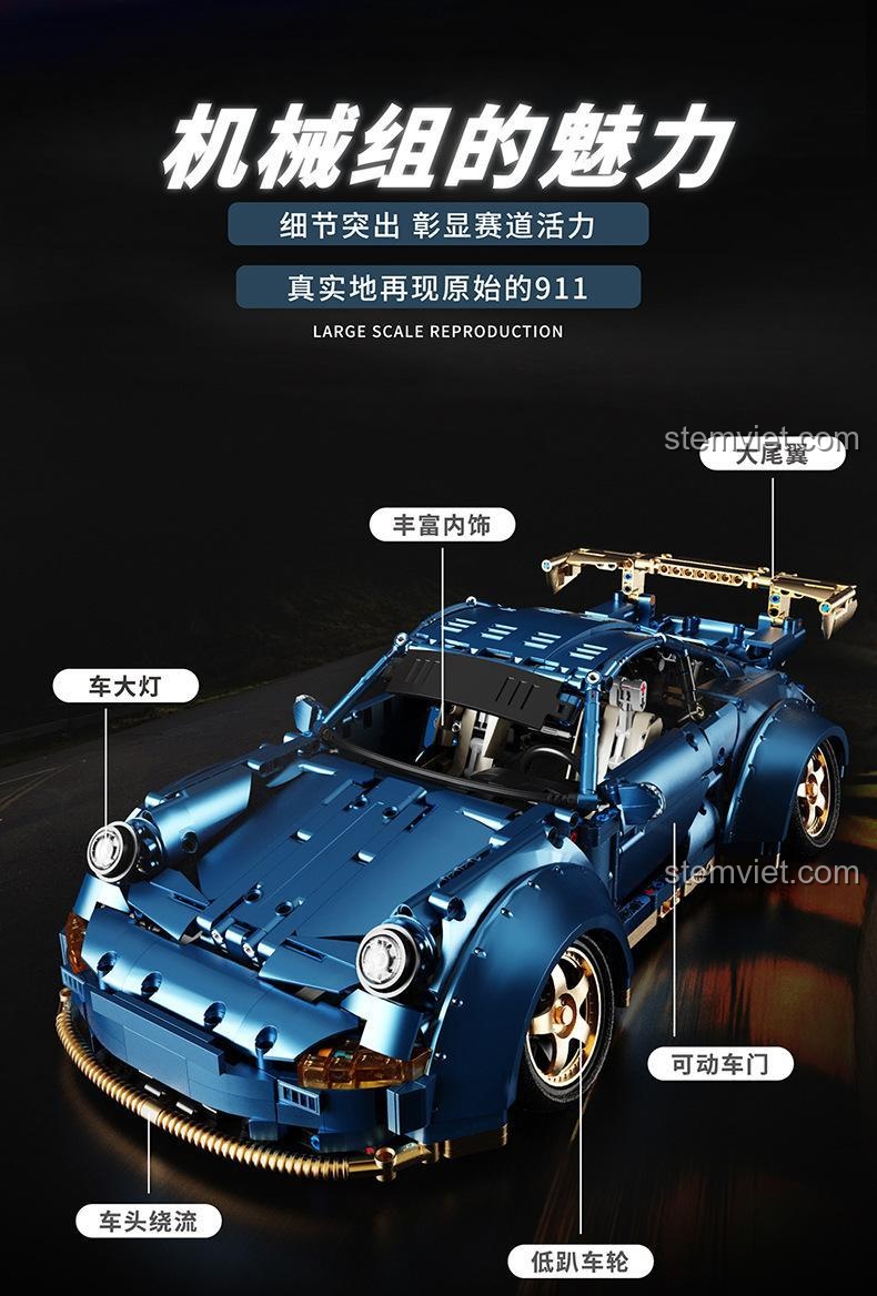 Chi tiết nổi bật của đồ chơi mô hình Happy Build Porsche 911: cánh gió lớn, nội thất phong phú, cửa mở được, đèn pha, bánh xe thấp.