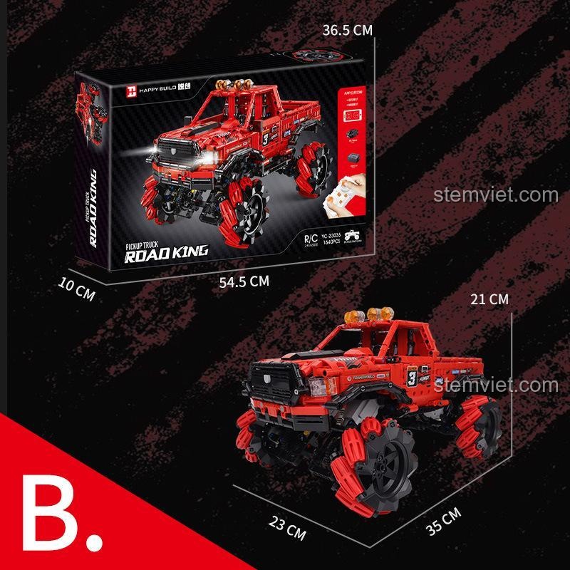 Kích thước chi tiết của mô hình và hộp bộ lắp ghép Xe Bán Tải Vượt Địa Hình Happy Build YC23035, đồ chơi mô hình Xe Bán Tải Bánh Mecanum cho bé trai 8 tuổi.