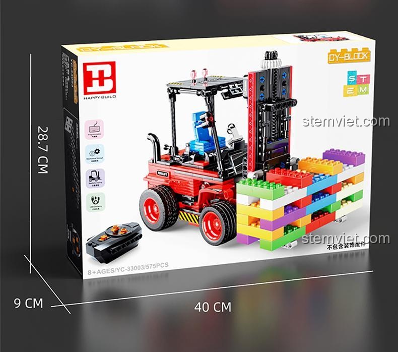 Kích thước hộp bộ lắp ghép Happy Build YC-33003 xe nâng hàng: dài 40cm, rộng 28.7cm, cao 9cm, đồ chơi mô hình xe nâng hàng điều khiển từ xa, quà tặng ý nghĩa.