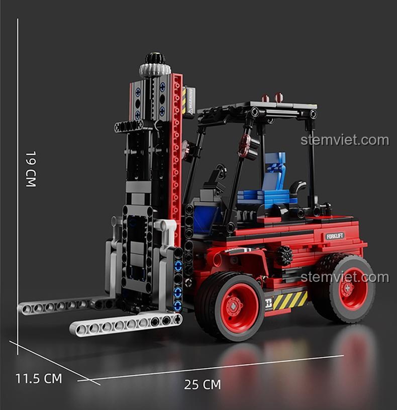 Kích thước mô hình xe nâng hàng Happy Build YC-33003: dài 25cm, rộng 11.5cm, cao 19cm, đồ chơi xây dựng xe nâng hàng kỹ thuật, phù hợp bé trai 8 tuổi.