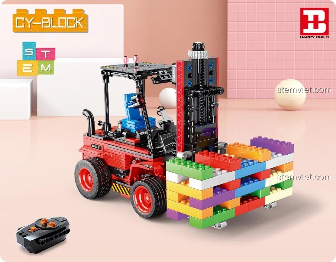 Đồ chơi xây dựng Happy Build YC-33003 xe nâng hàng điều khiển từ xa, bộ khối lắp ghép xe nâng hàng kỹ thuật cho bé trai 8 tuổi, phát triển tư duy STEM.