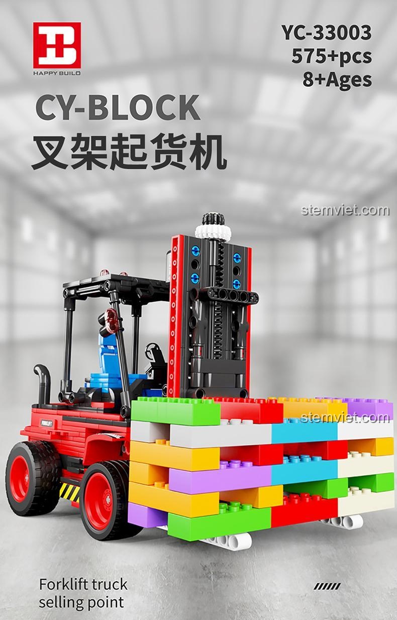 Xe nâng hàng Happy Build YC-33003 với 575+ chi tiết, đồ chơi mô hình xe nâng hàng điều khiển từ xa cho bé trai 8 tuổi, chất lượng cao.