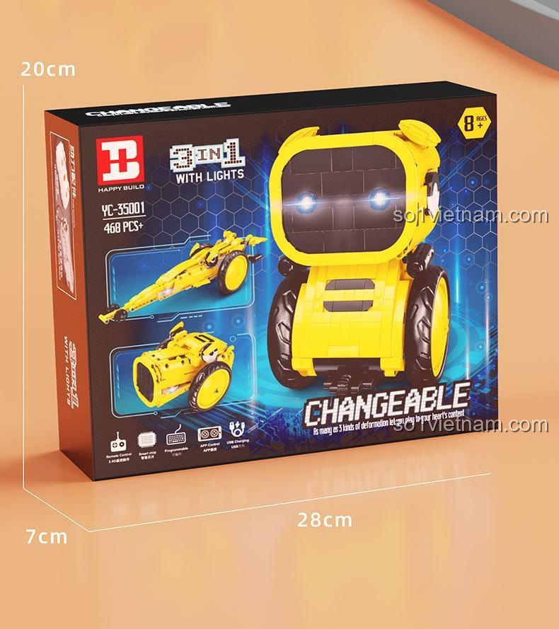 Robot biến hình HAPPY BUILD YC-35001 với đèn sáng ở thiết bị bên mặt sáng ở bên