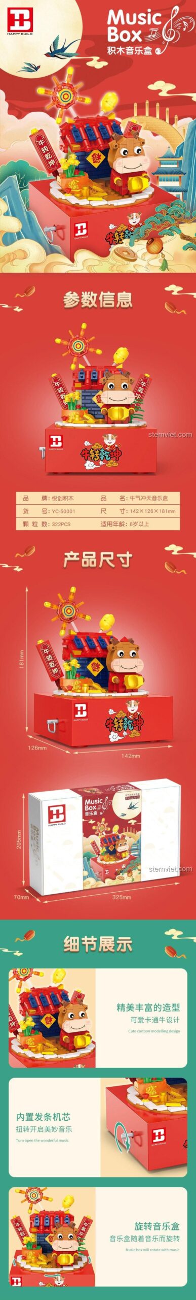 Chi tiết đồ chơi mô hình Hộp nhạc 12 con giáp Happy Build YC-50001, bộ xếp hình 322 mảnh, có hộp nhạc xoay.