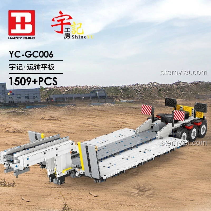 Happy Build YC-GC006 Xe Đầu Kéo và Rơ Moóc Sàn Thấp, chi tiết rơ moóc trên nền đất, đồ chơi lắp ghép cho bé trai.