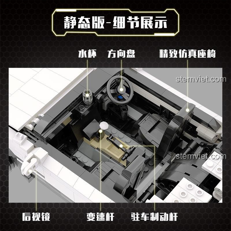 Nội thất chi tiết của bộ lắp ghép Toyota AE86 YC-QC003, bao gồm vô lăng, ghế ngồi, cần số, đồ chơi mô hình xe hơi cho bé trai.