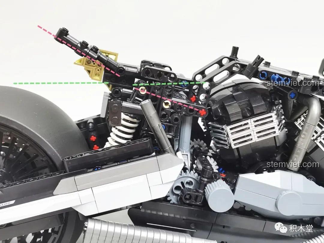 Cơ chế hoạt động của hệ thống treo khí nén trên mô hình Mô tô Phantom Đêm, có thể nâng hạ độ cao.