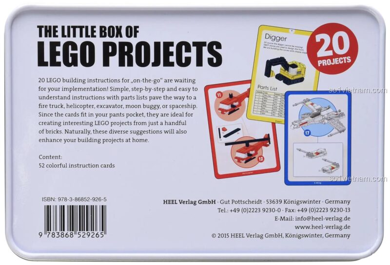 Mặt sau hộp thẻ dự án LEGO® Heel-Verlag ISBN9783868529265, hướng dẫn lắp ráp đa dạng, đồ chơi phát triển trí tuệ cho trẻ 6 tuổi