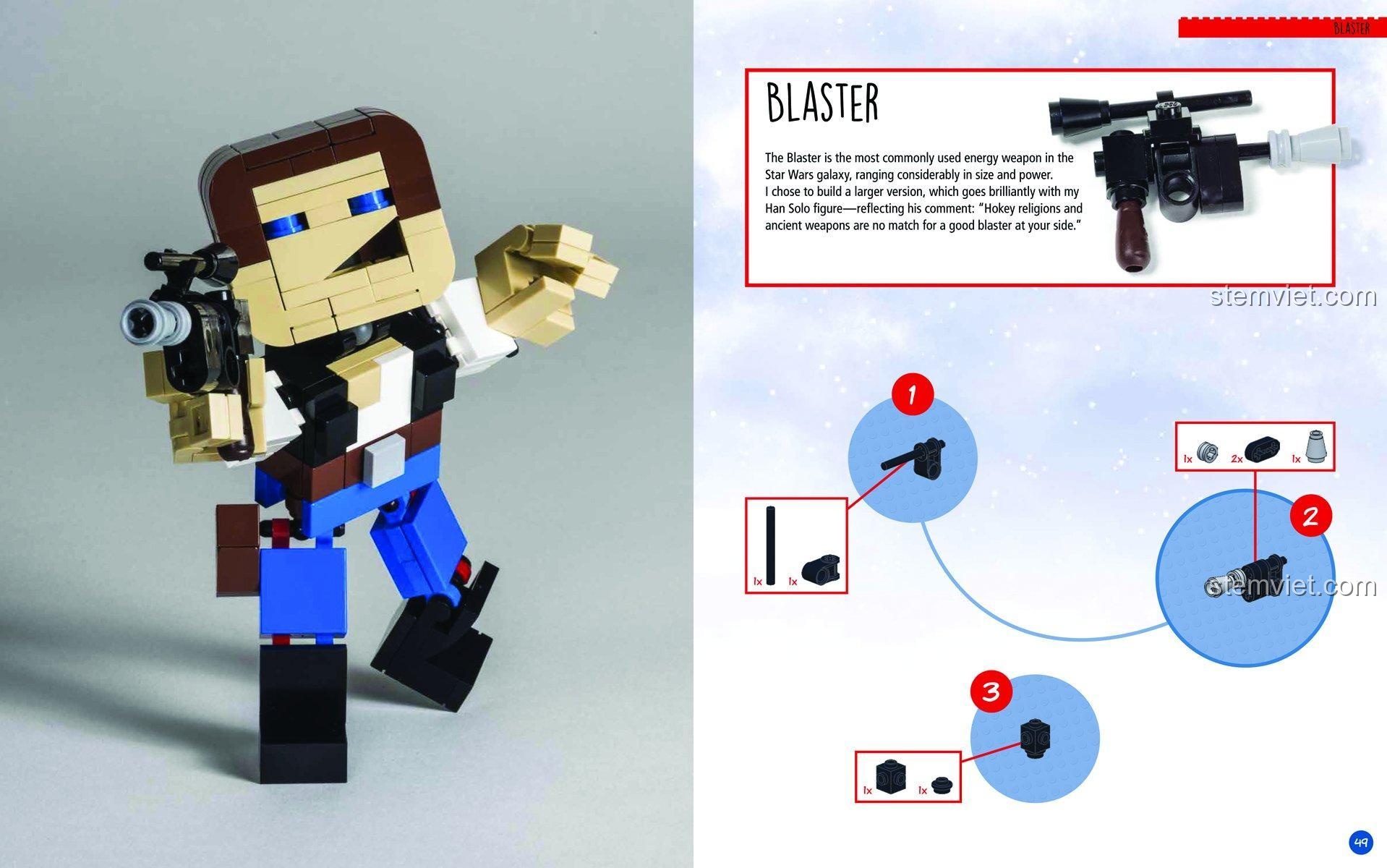 Hướng dẫn lắp ráp nhân vật Han Solo và súng Blaster từ sách LEGO® Space, món quà sáng tạo cho bé trai.