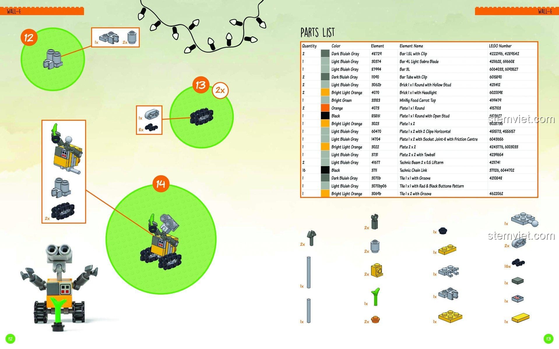 Trang hướng dẫn lắp ráp robot WALL-E từ sách LEGO® Space Heel-Verlag, giúp bé trai 6 tuổi rèn luyện sự khéo léo.