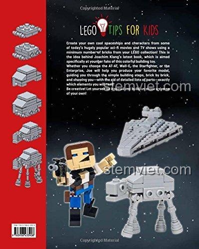 Bìa sau sách ý tưởng LEGO® chủ đề không gian Heel-Verlag 9783958433908, gồm các mô hình AT-AT, Han Solo.