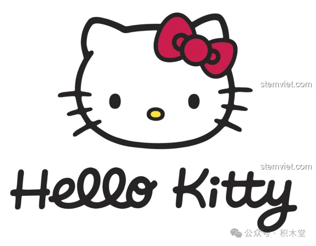 Logo Hello Kitty trắng hồng quen thuộc, biểu tượng của sự đáng yêu và niềm vui trong bộ đồ chơi lắp ráp TOP TOY.