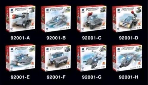 Hộp sản phẩm bộ lắp ráp Lực lượng Gìn giữ Hòa bình Hengtai 92001, hiển thị 8 mẫu xe quân sự khác nhau có thể lắp ráp, phù hợp cho bé trai 6 tuổi.